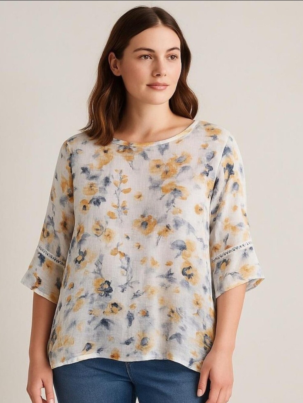 J Jill Linen White Yellow Linen Floral Shirt, Size L